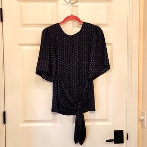 Ann Taylor Factory Navy Print Top, Flutter Half Sleeve, Tie in Front or Back, M